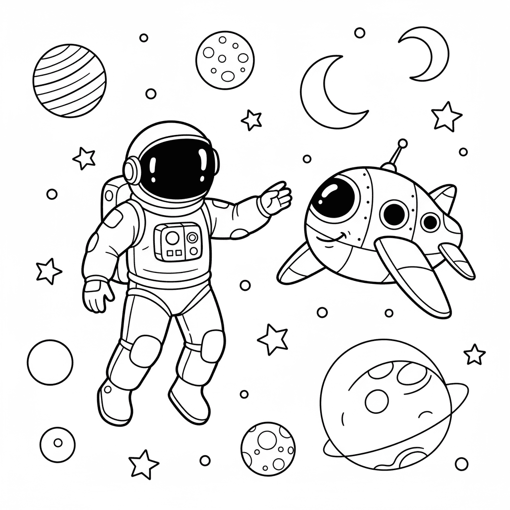 Astronaut in spacesuit floating among stars and planets