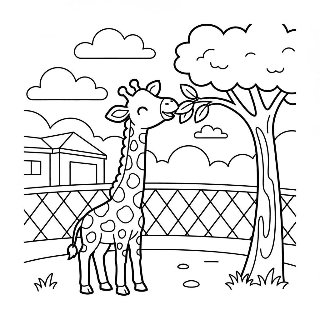 Happy giraffe eating leaves from tree with farm background