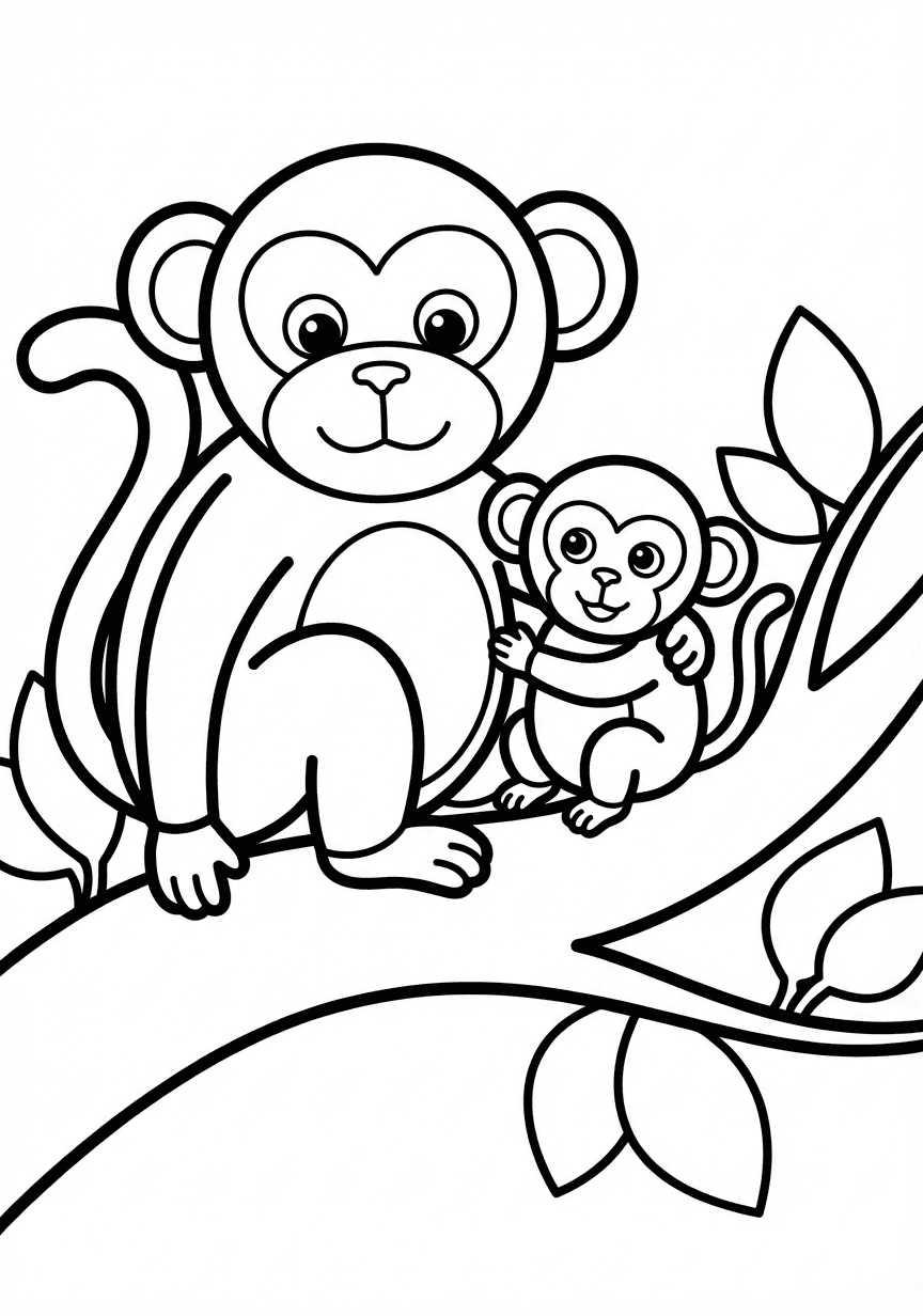 Mother and baby monkey eating banana on tree