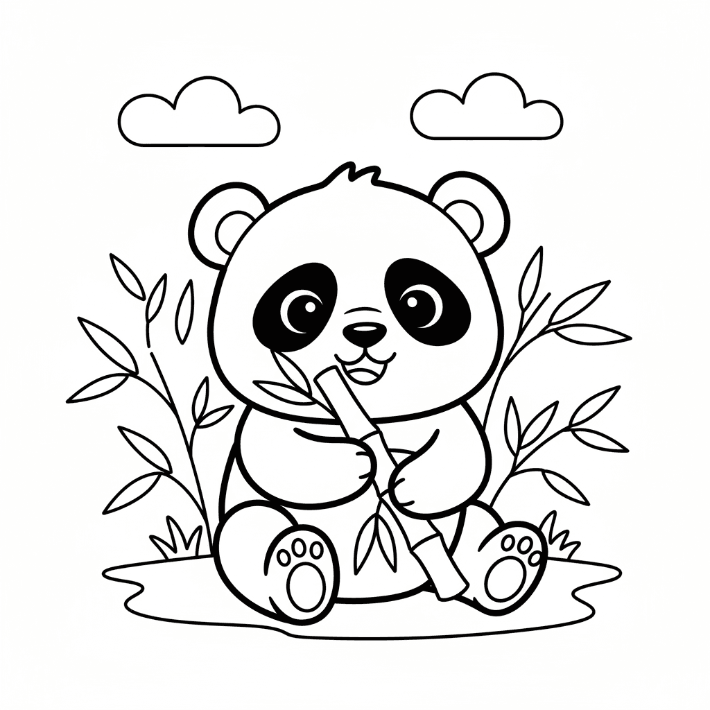 Baby panda munching bamboo in jungle setting