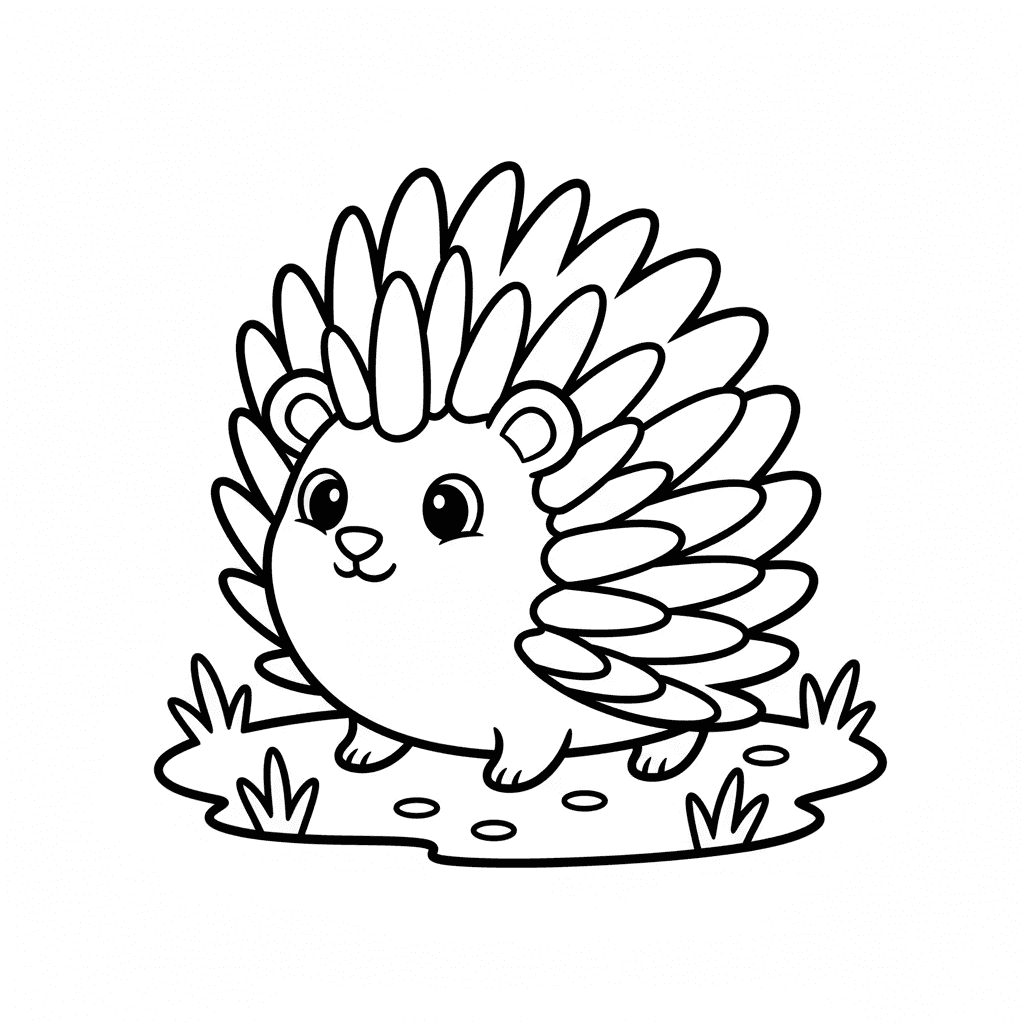 Smiling porcupine with rounded quills on grass with leaves