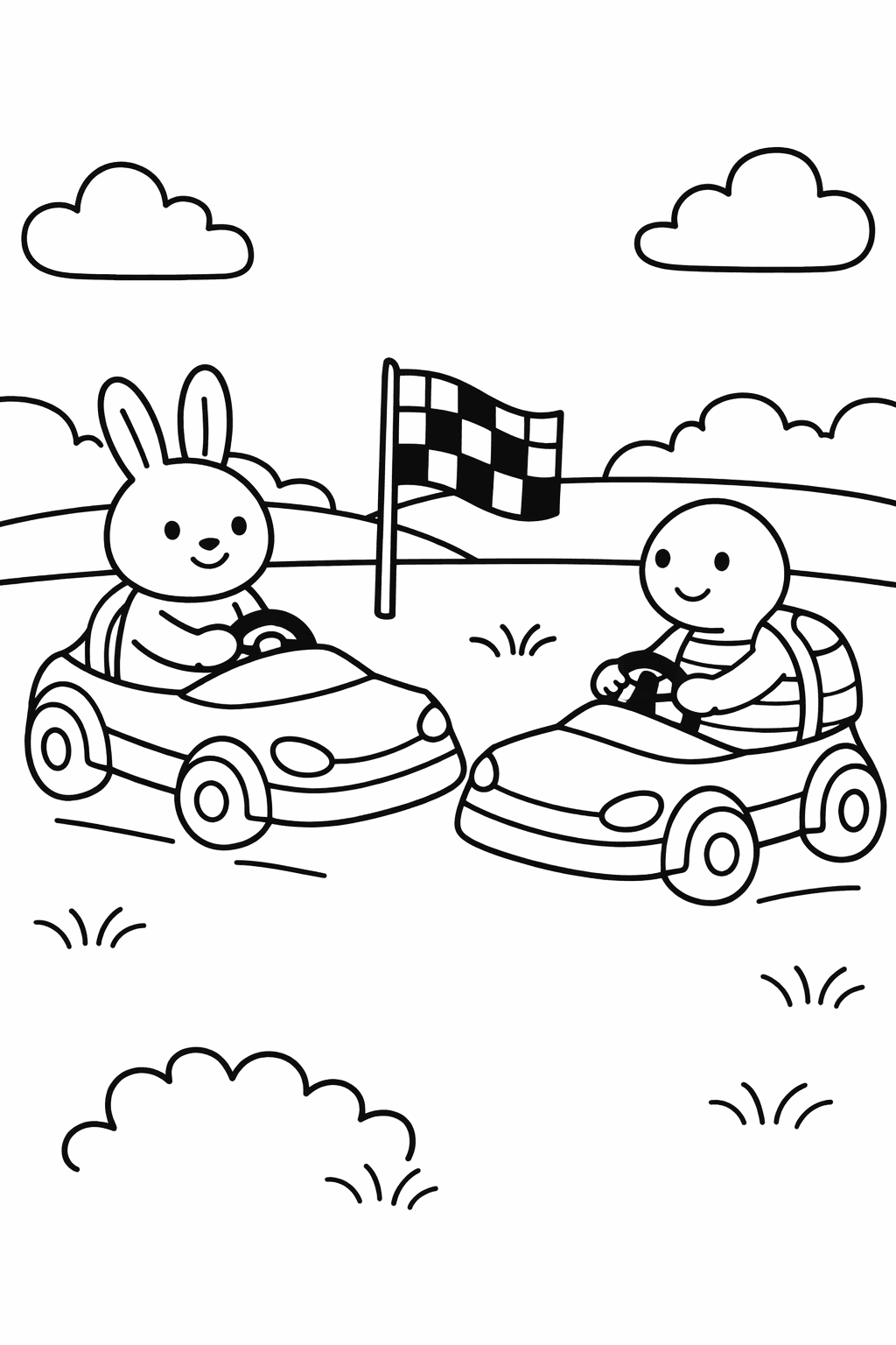 Rabbit and tortoise racing toward finish line flag