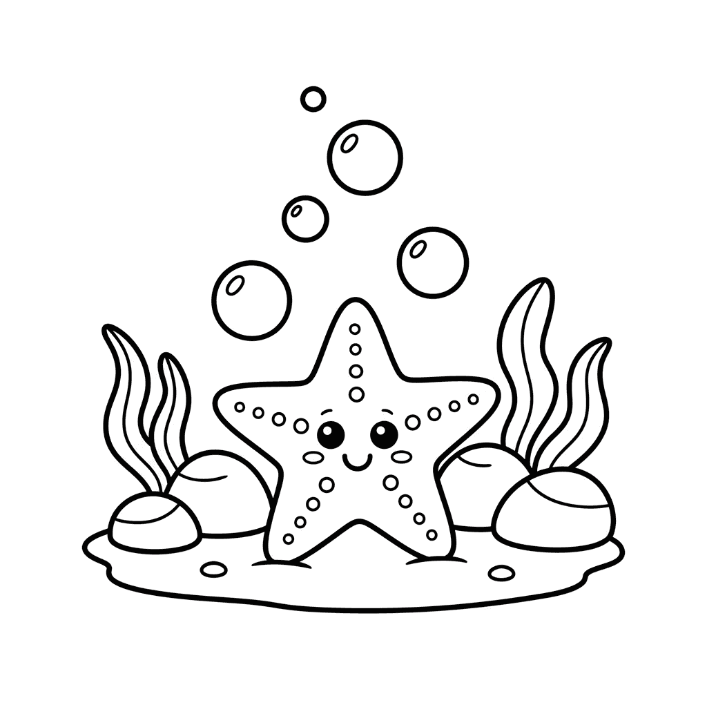 Smiling starfish on sandy ocean floor with seashells