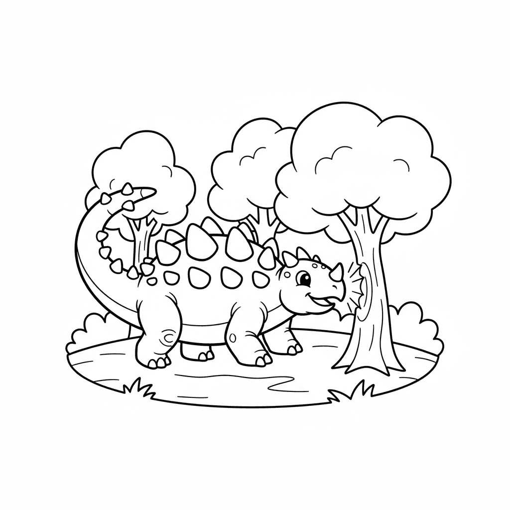 Simple coloring page of an Ankylosaurus dinosaur swinging its tail at a tree.