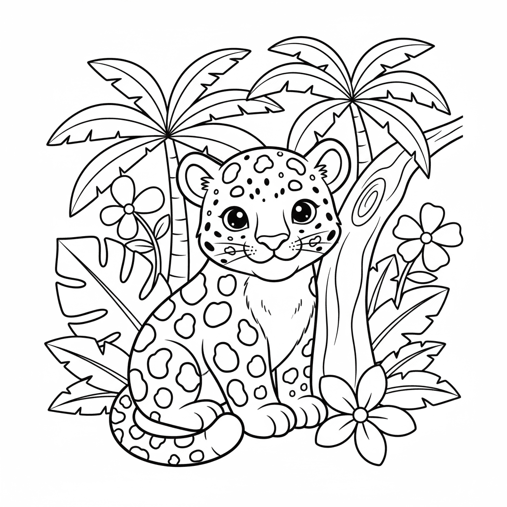 Cute baby leopard surrounded by tropical foliage