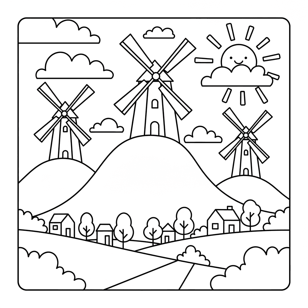 Windmill with spinning blades grass and clouds